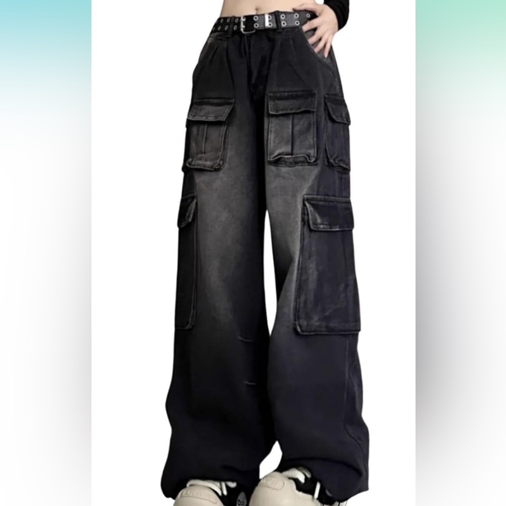 Black Cargo Pants with Sturdy Material and Straight Leg